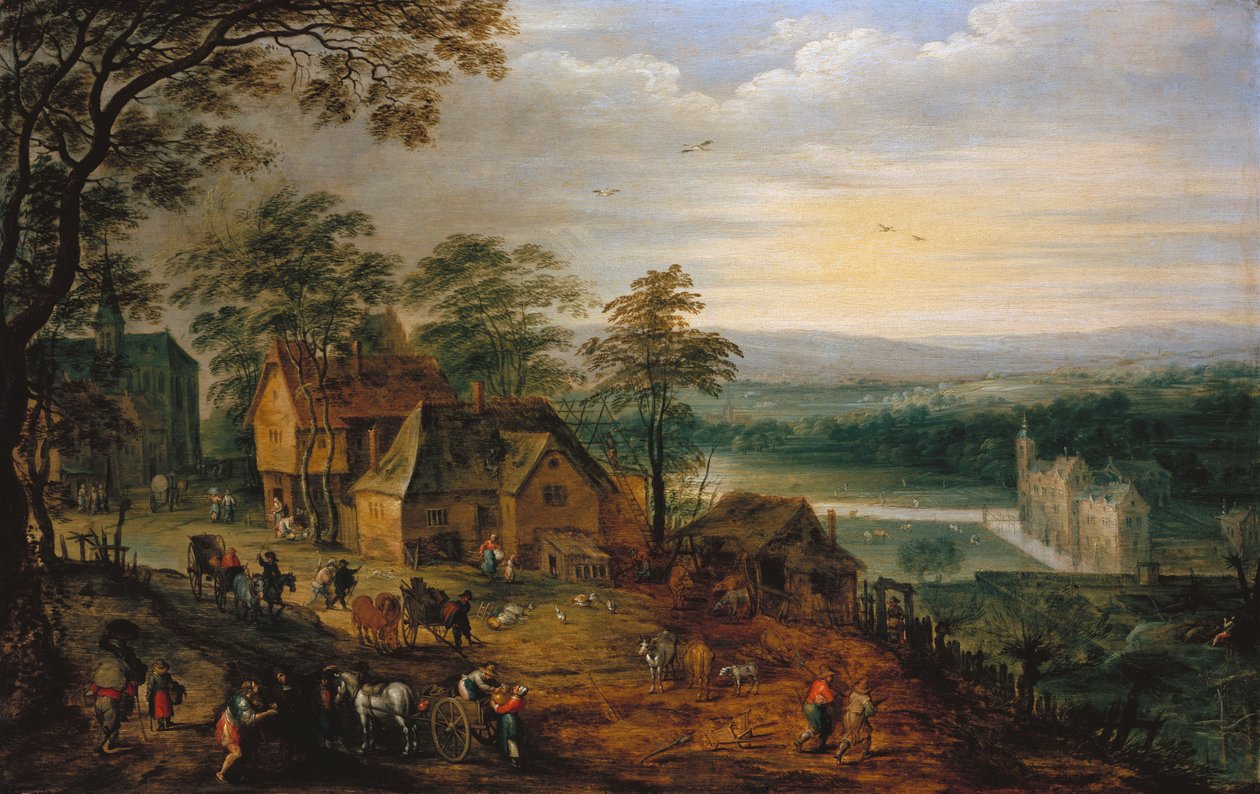 Strada del villaggio con figure e carri, un castello con fossato sullo sfondo da Jan Brueghel the Younger