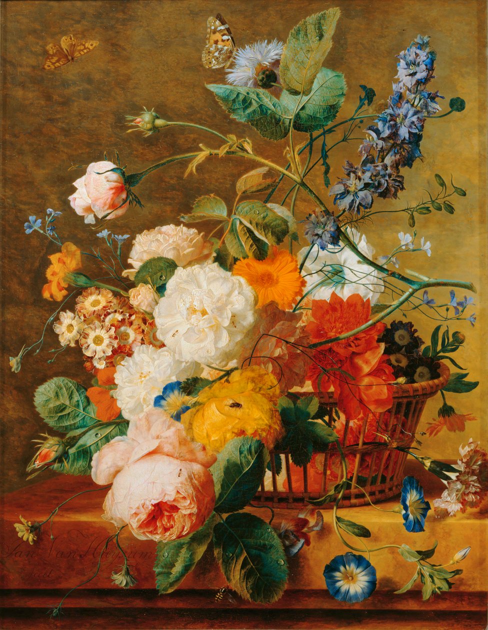Cesto di fiori con piedistallo su sfondo parco - Un cesto ... da Jan van (follower of) Huysum