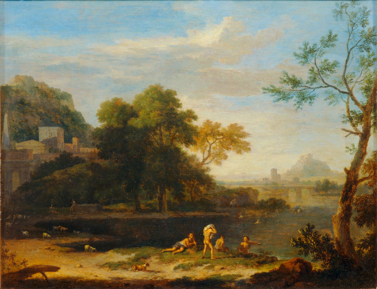 Paysage avec baigneurs - Paesaggio con bagnanti ... da Jan van (follower of) Huysum