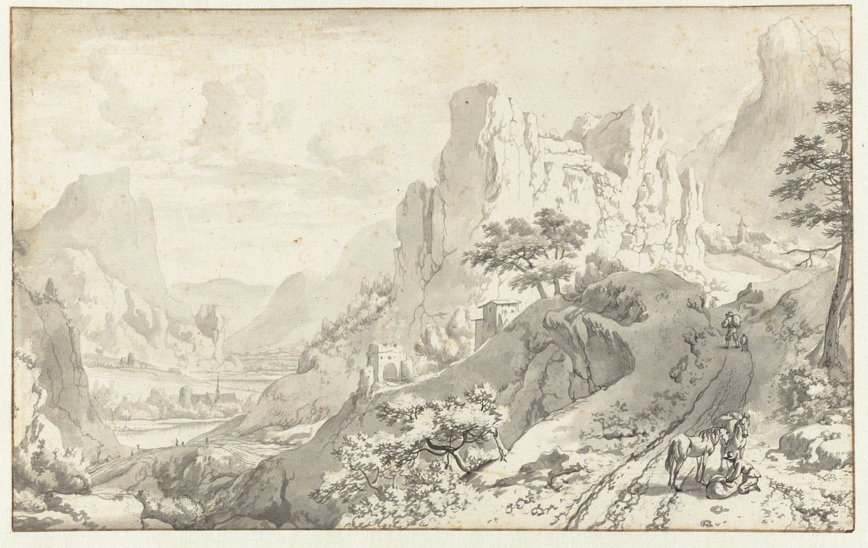 Paesaggio montano con cavaliere disceso da Jan van Aken