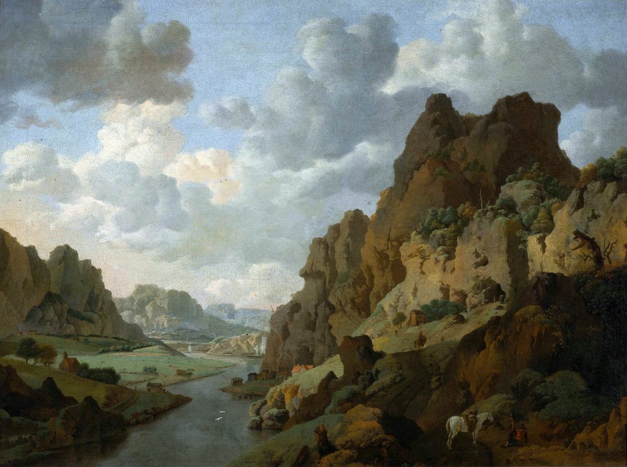 Olandese: Paesaggio montano con viaggiatori in riposo Paesaggio roccioso. da Jan van Aken
