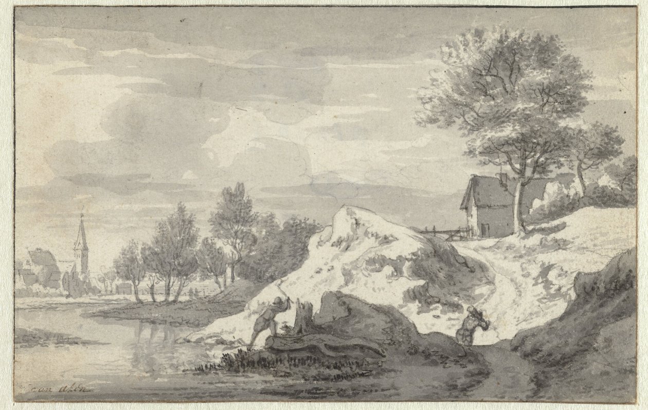 Paesaggio con figure che tagliano legna sulle rive di un fiume da Jan van Aken