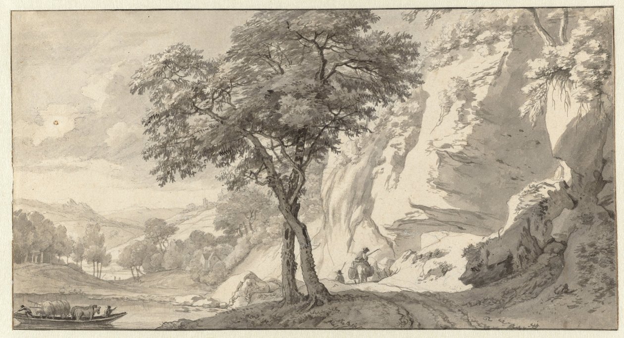 Paesaggio montano con traghetto da Jan van Aken