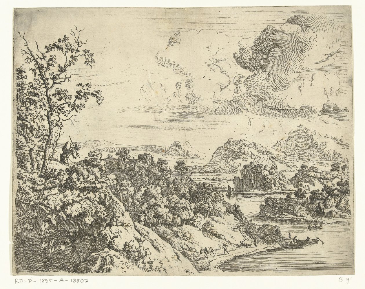 Paesaggio fluviale con uomo con carico sulla schiena da Jan van Aken