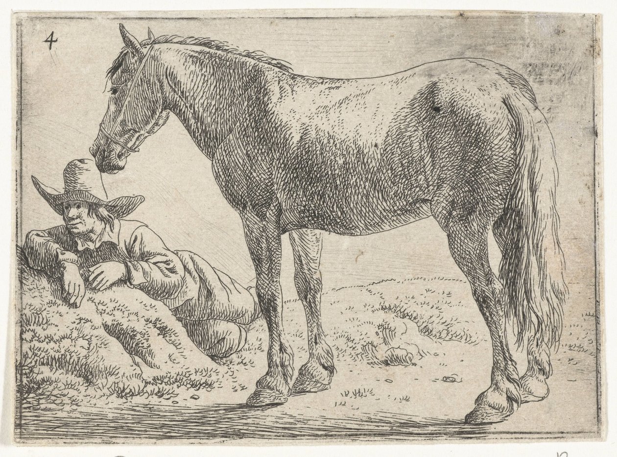 Cavallo in piedi con cavaliere a riposo Paesaggi con cavalli (titolo della serie) da Jan van Aken