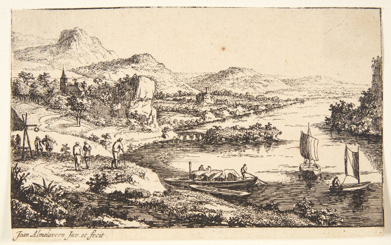 Paesaggio fluviale con viandanti, a destra una chiatta e due barche a vela da Jan van Almeloveen