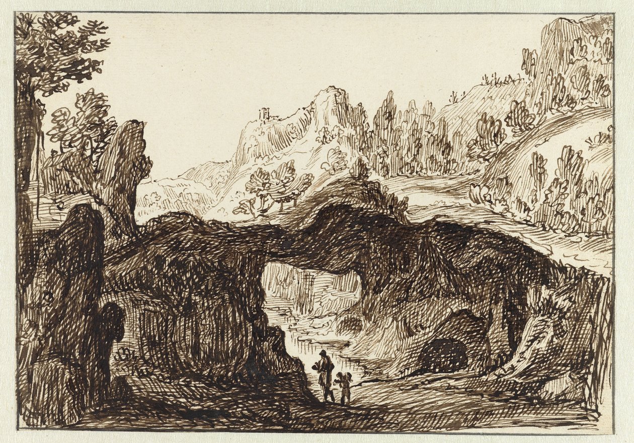 Paesaggio montuoso roccioso con due viaggiatori in primo piano da Jan van Almeloveen
