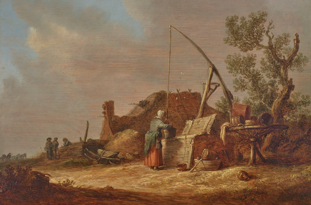 Un paesaggio con una donna al pozzo da Jan van Goyen