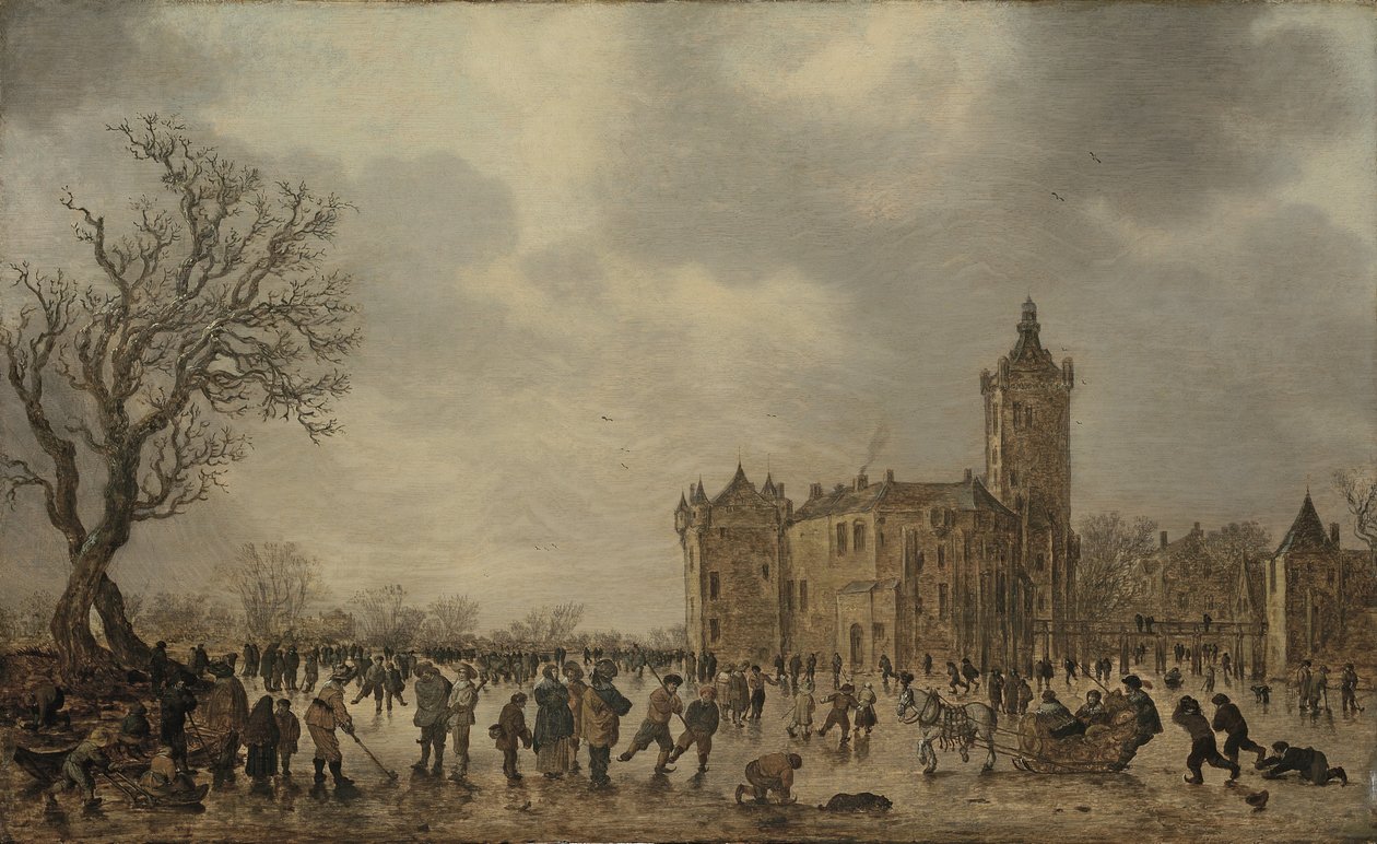 Paesaggio invernale con figure che si muovono sul ghiaccio presso il castello di Montfoort da Jan van Goyen