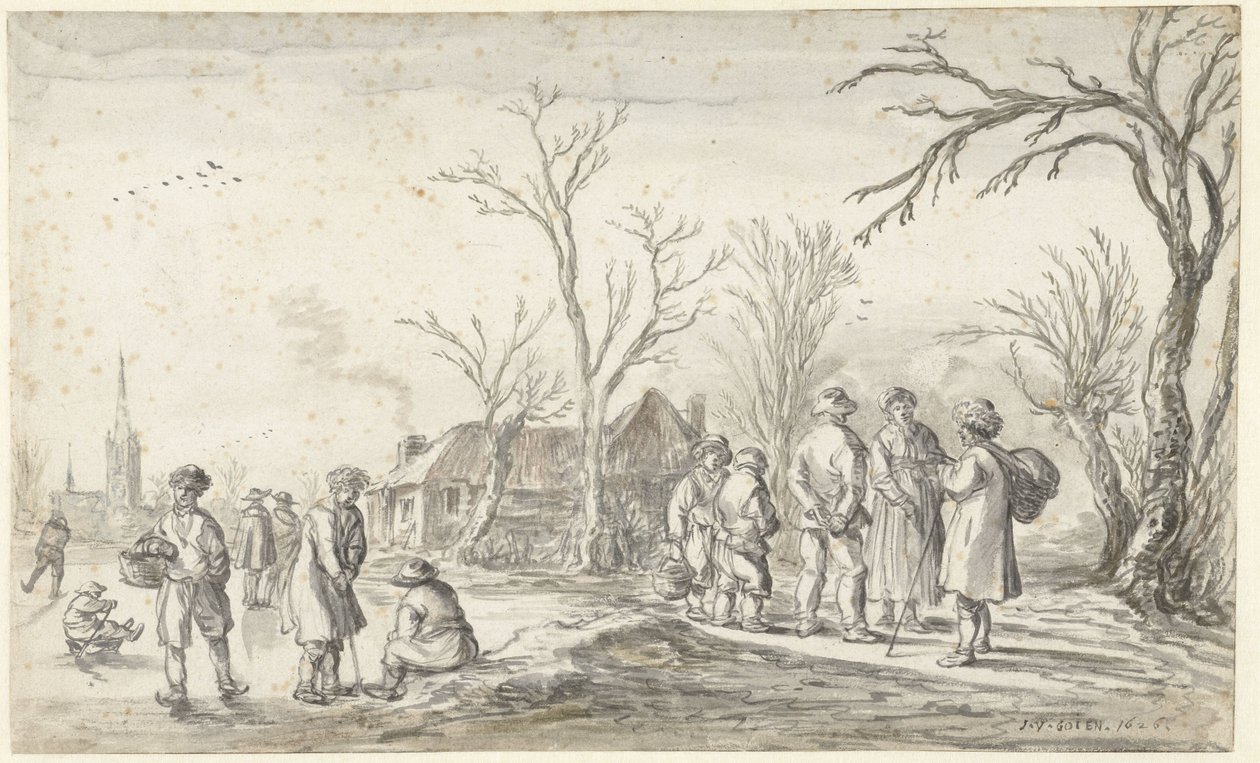 Figure vicino a un villaggio in inverno da Jan van Goyen