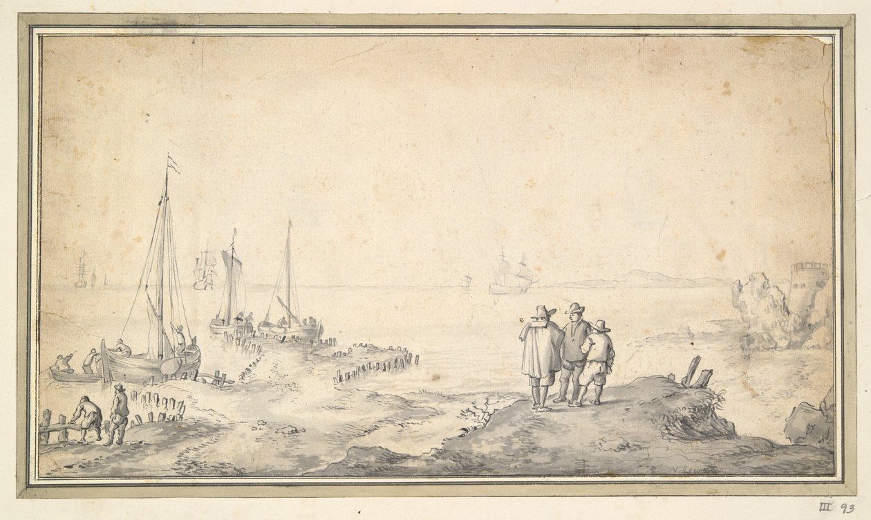 Tre figure su una duna che domina la baia con navi da Jan van Goyen