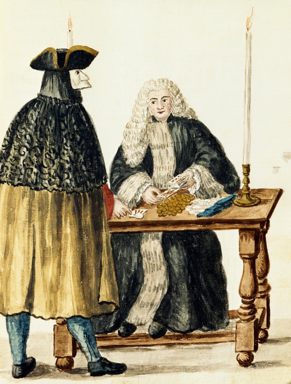 Magistrato che gioca a carte con uomo mascherato da Jan van Grevenbroeck