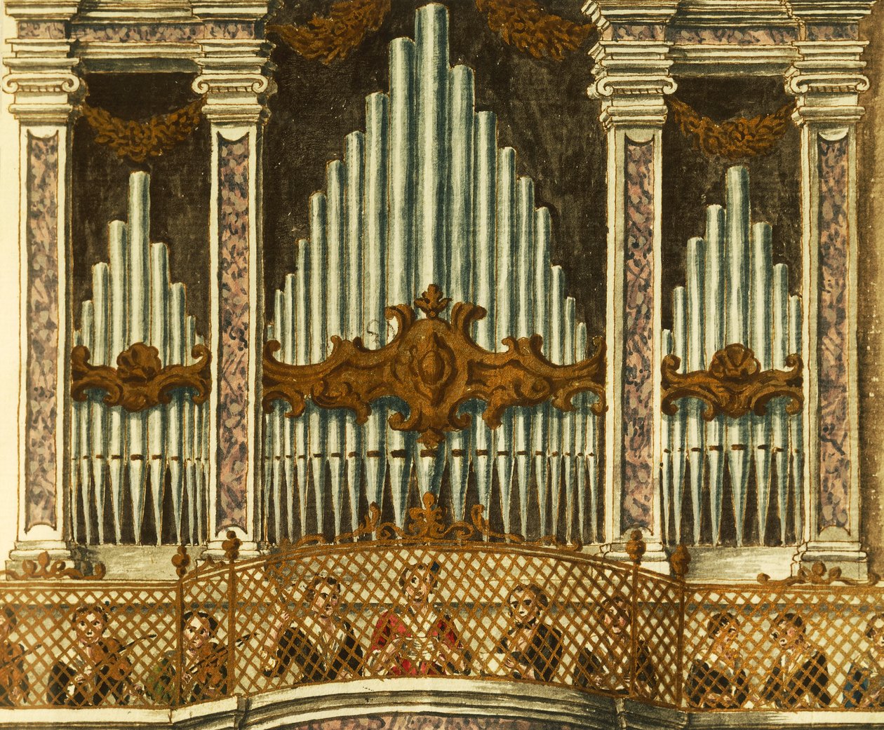 Organo, dettaglio dalla cantata delle putte, di Giovanni Grevembroch da Jan van Grevenbroeck