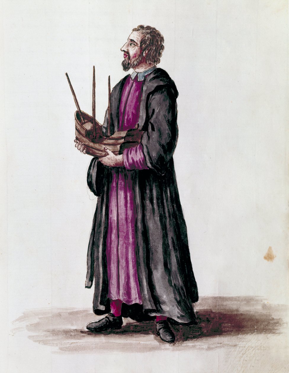 Rappresentazione di un architetto navale, tiene in mano il modello in miniatura della nave che ha costruito (dettaglio). Disegno ad acquerello e inchiostro dal manoscritto "Costumi dei Veneziani" di Jan van Grevenbroeck (o Giovanni Grevembroch) (1731-1807) da Jan van Grevenbroeck