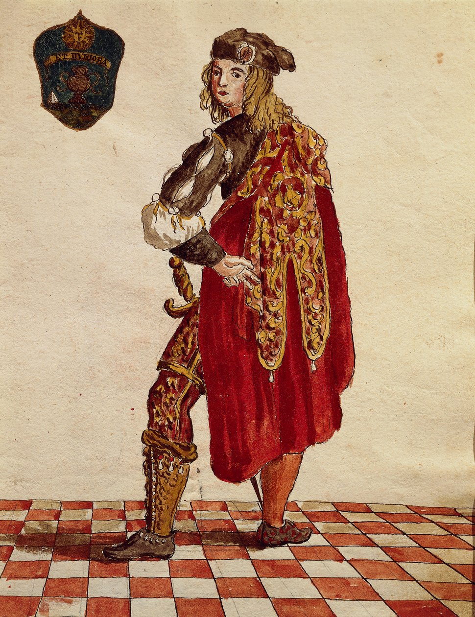Abito di cavaliere della Confraternita della Calza nel 1564, da Gli Abiti de Veneziani, libro illustrato di costumi da Jan van Grevenbroeck
