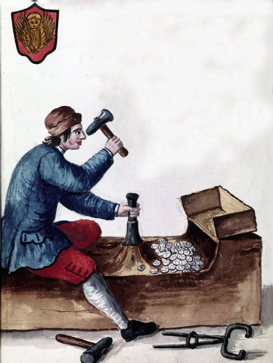 La fabbricazione delle monete della Repubblica di Venezia: fase di coniazione. Disegno ad acquerello e inchiostro dal manoscritto "Costumi dei Veneziani" di Jan van Grevenbroeck (o Giovanni Grevembroch) (1731-1807) da Jan van Grevenbroeck