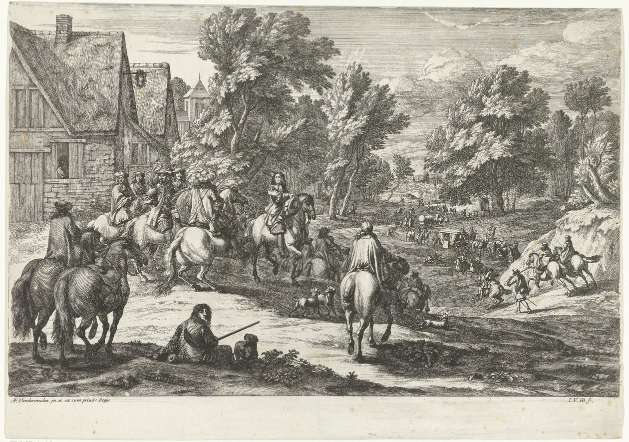 Veduta di un villaggio con cavalieri in primo piano da Jan van Huchtenburg