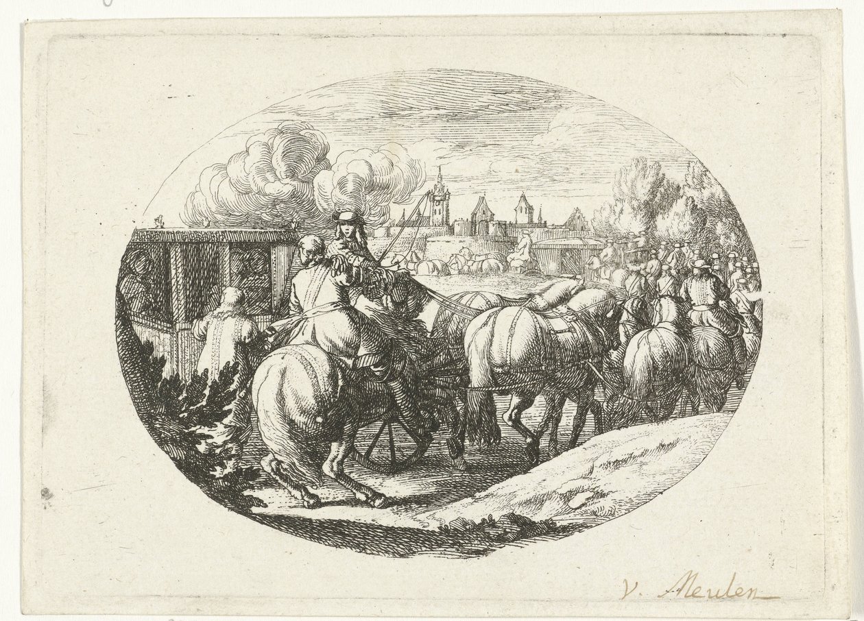 Esercito e carrozze che si dirigono verso la città da Jan van Huchtenburg