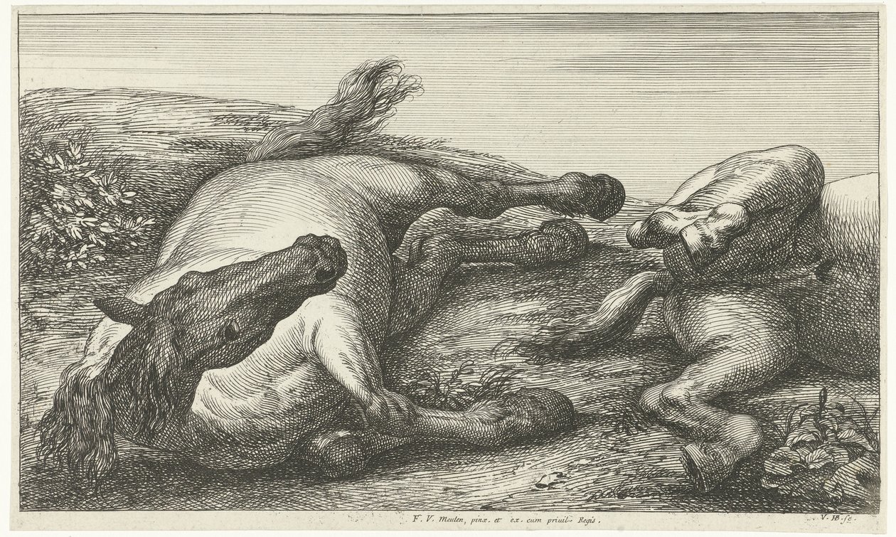 Due cavalli caduti di cui uno visto di fronte Cavalli caduti (titolo della serie) da Jan van Huchtenburg