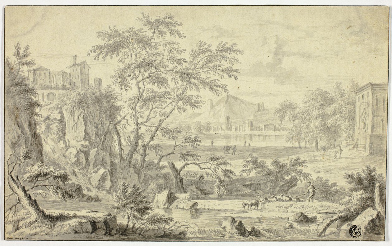 Paesaggio Italianizzante con Pastore e Gregge presso un Ruscello, Città in Lontananza da Jan van Huysum
