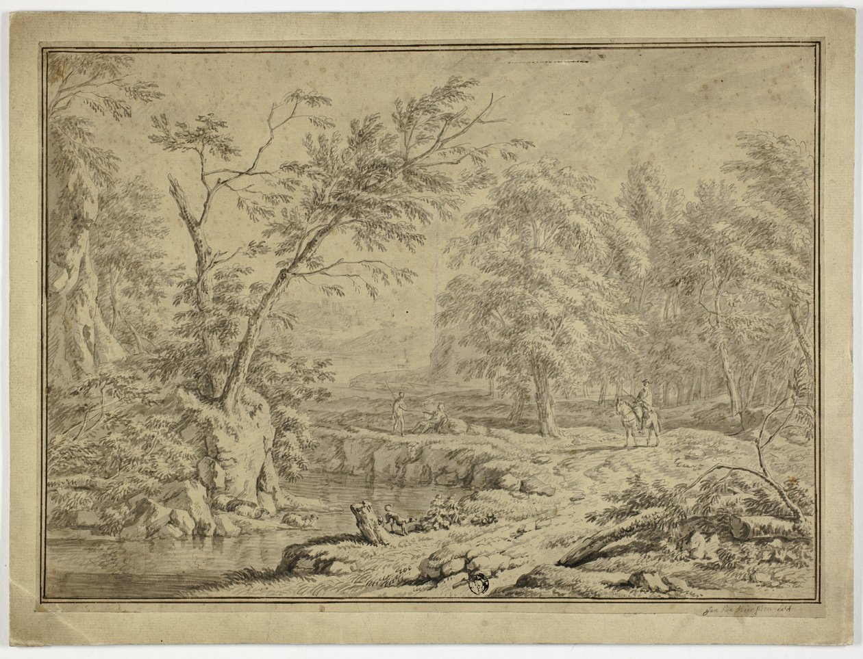 Paesaggio con pastori vicino al fiume e uomo a cavallo da Jan van Huysum