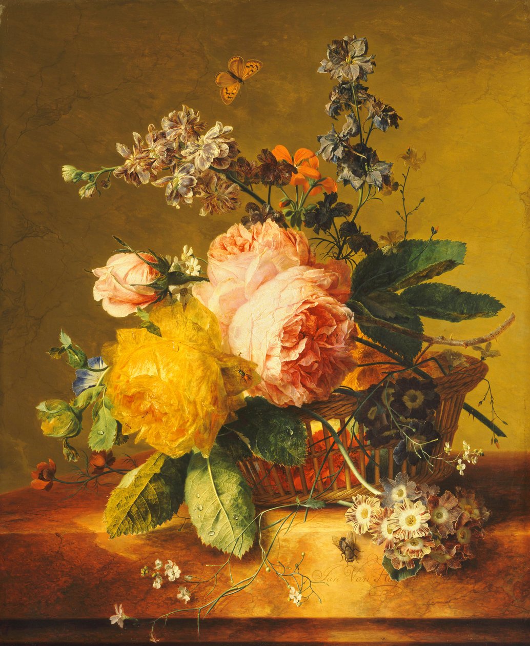 Rose e altri fiori in un cesto su un ripiano di marmo da Jan van Huysum
