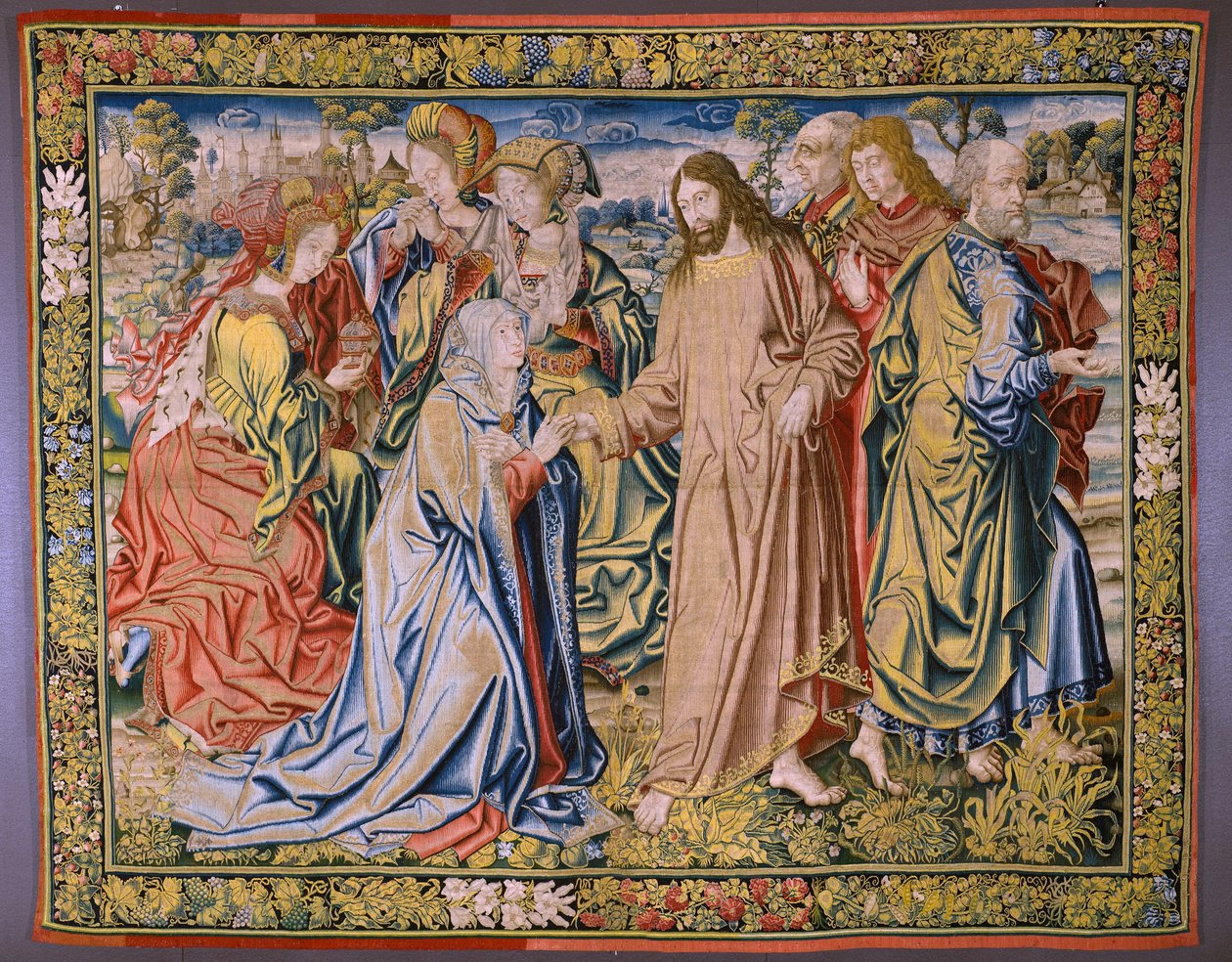 Arazzo fiammingo. Serie Il Cielo di Carlo V. Cristo saluta sua Madre. Cartonista Jan van Coninxloo. Manifattura di Julien Portois, Mechelen (Malines). Ca 1521. da Jan van II Coninxloo