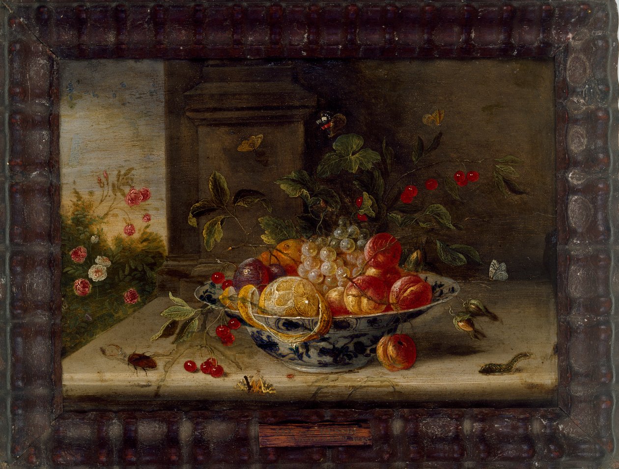 Composizione di natura morta decorativa con una ciotola di porcellana, frutta e insetti da Jan van Kessel