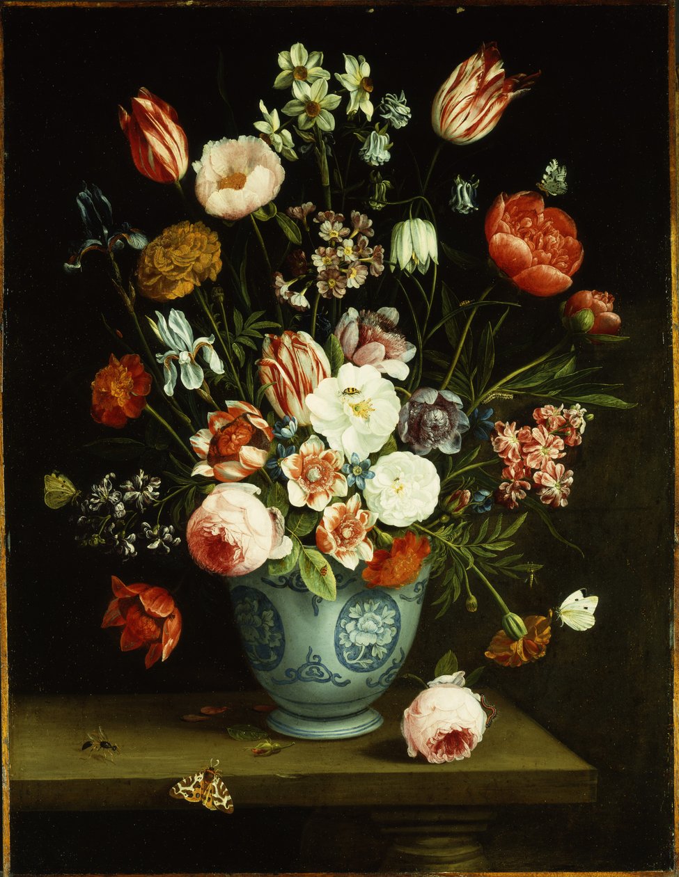 Fiori in un vaso di porcellana blu e bianco, con falene e altri insetti su un ripiano da Jan van Kessel
