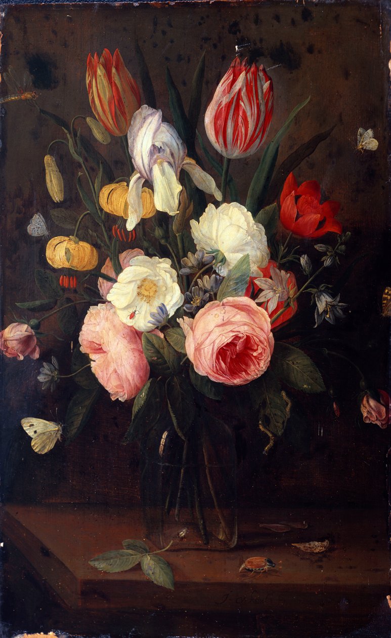 Rose, tulipani e altri fiori in un vaso di vetro, con insetti, su un tavolo da Jan van Kessel