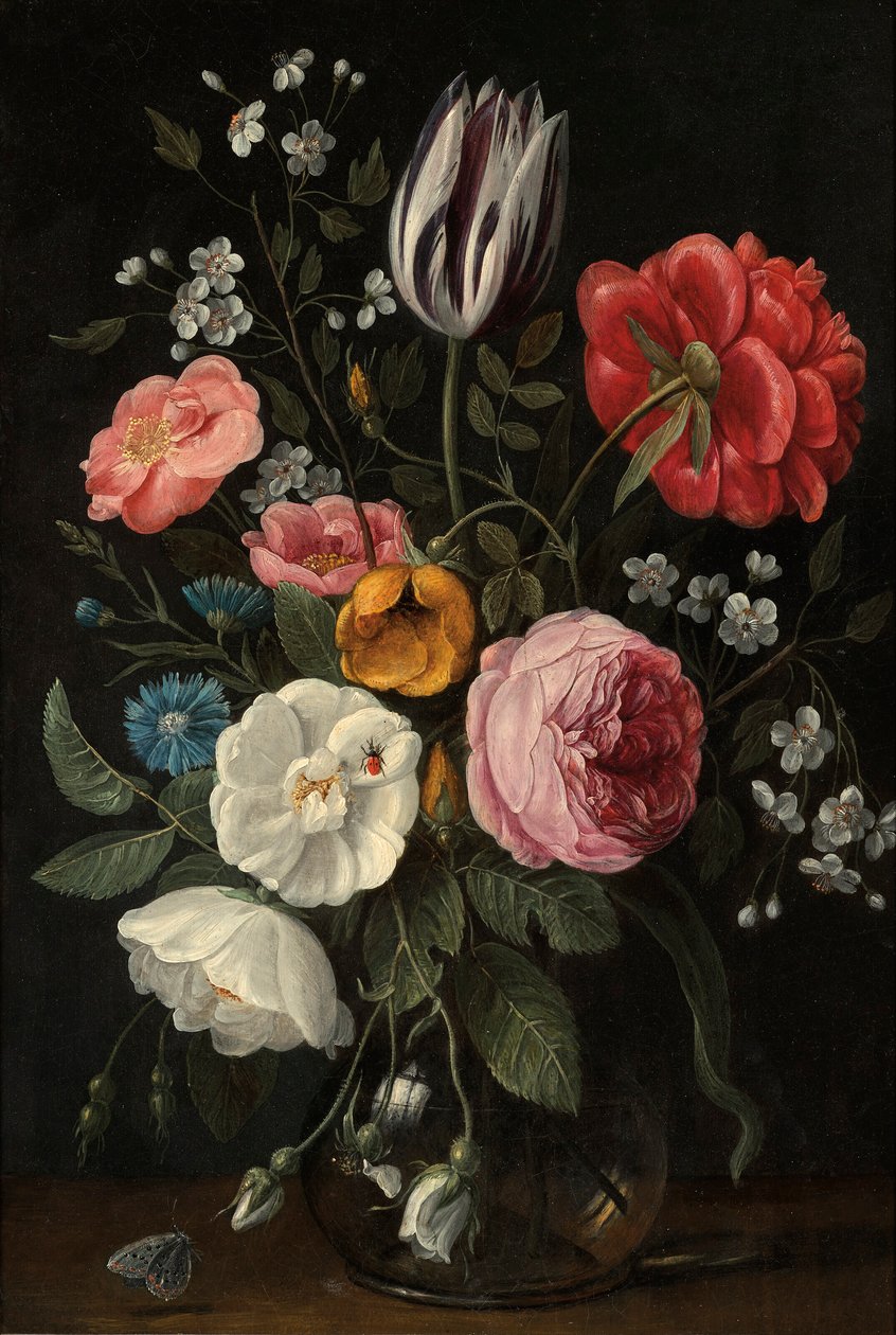 Rose, un tulipano, una peonia, un fiore di ciliegio e un centauro in un vaso di vetro su un davanzale da Jan van Kessel the Elder