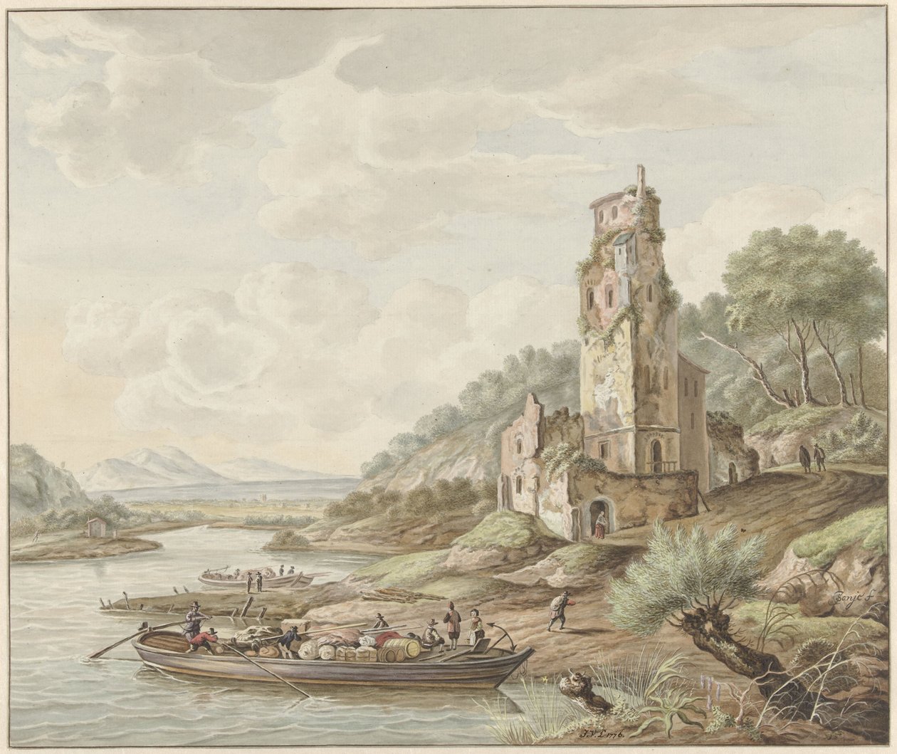 Paesaggio con barca mercantile vicino a un castello da Jan van Lockhorst
