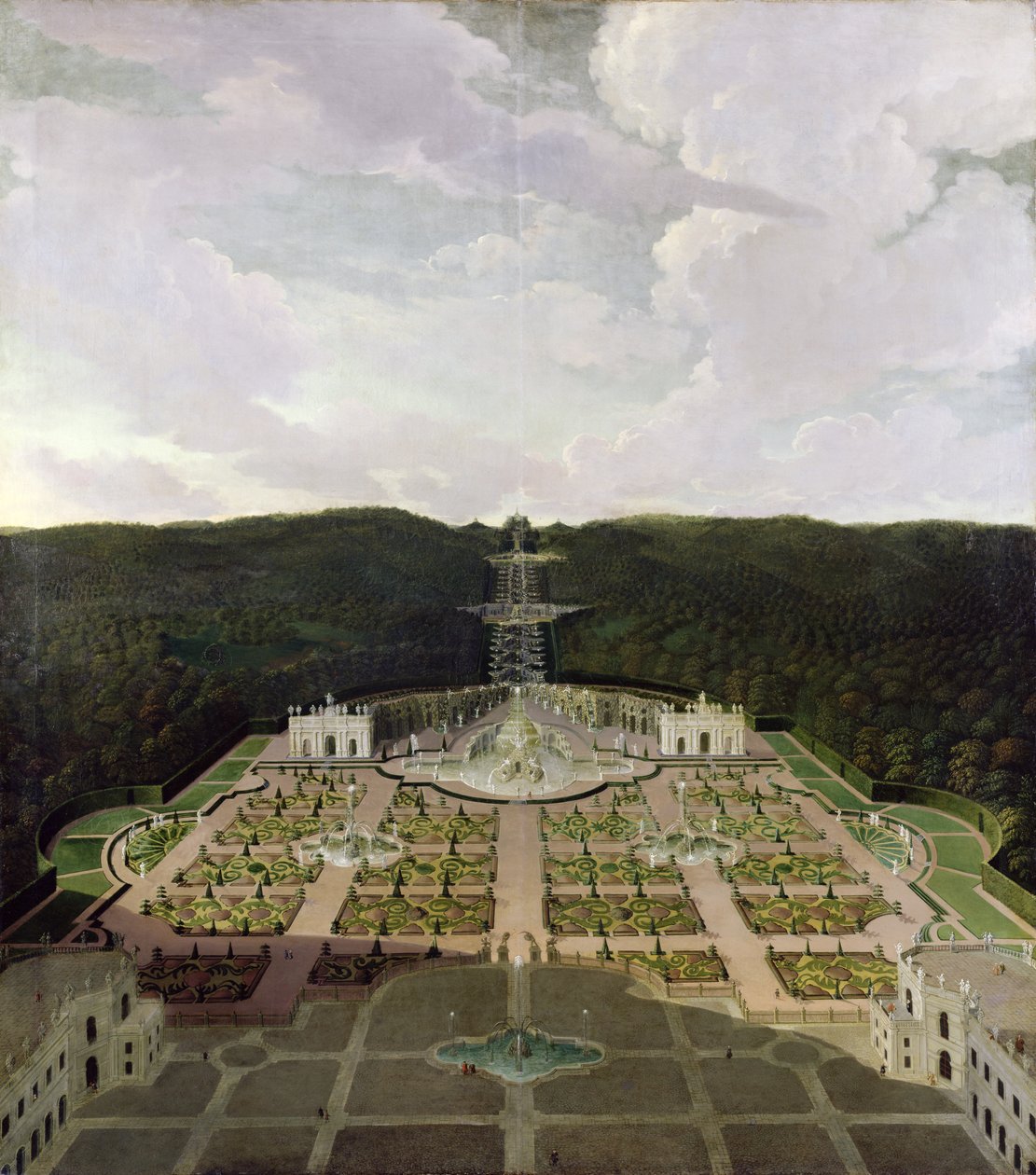 Vista dal giardino e dalla grotta ai piedi delle cascate fino all