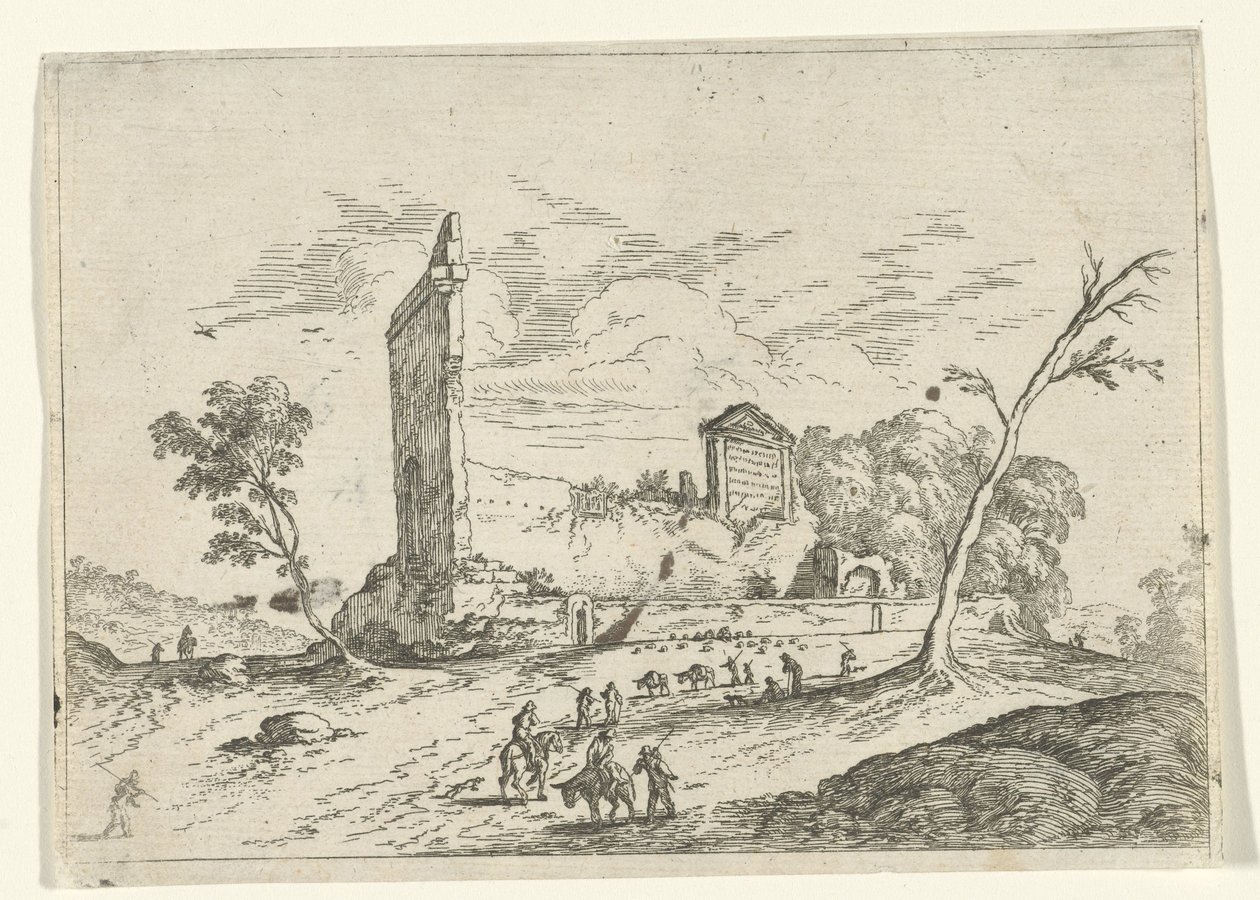 Paesaggio con rovine romane e pastori di asini da Jan van Ossenbeeck (attributed to)