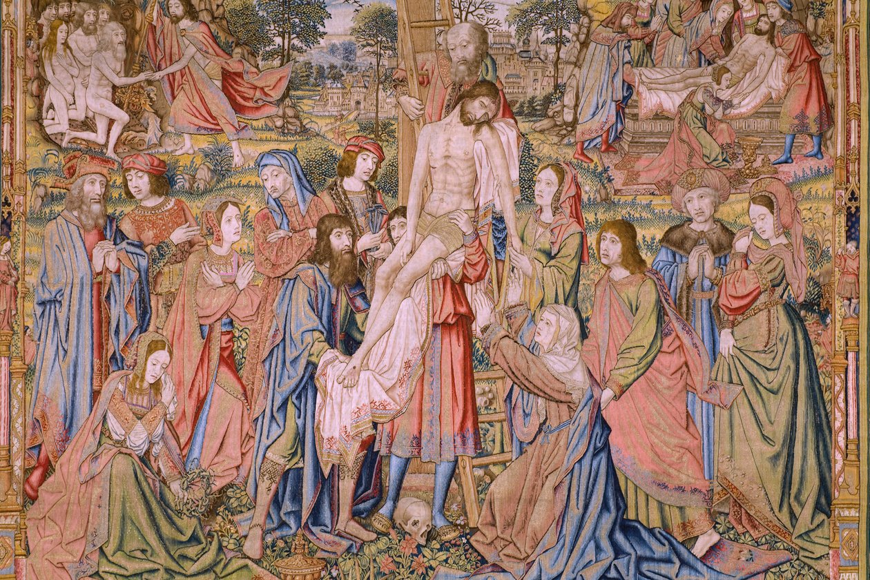 Arazzo fiammingo. Serie La passione di Cristo: Discesa dalla croce. Manifattura Pieter van Aelst. Cartonista Jan van Roome. Ca 1507-1520. (dettaglio) da Jan van Roome