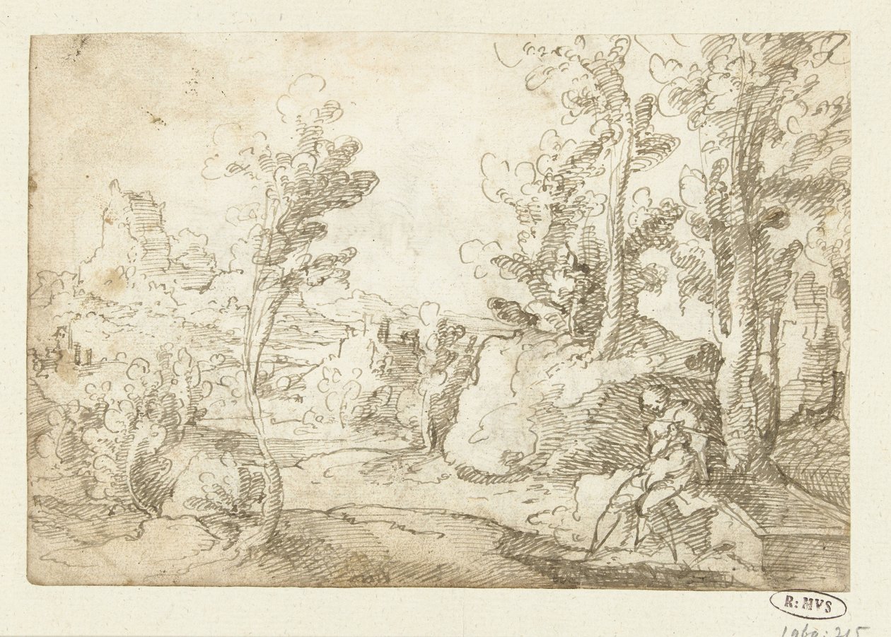 Paesaggio con figura seduta vicino a un pozzo da Jan van Scorel (attributed to)