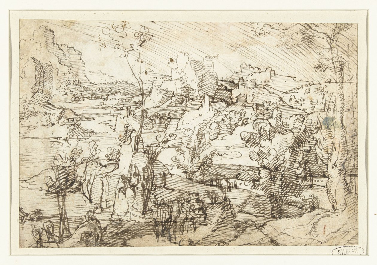 Paesaggio con rocce, figure e una nave a vela da Jan van Scorel (attributed to)