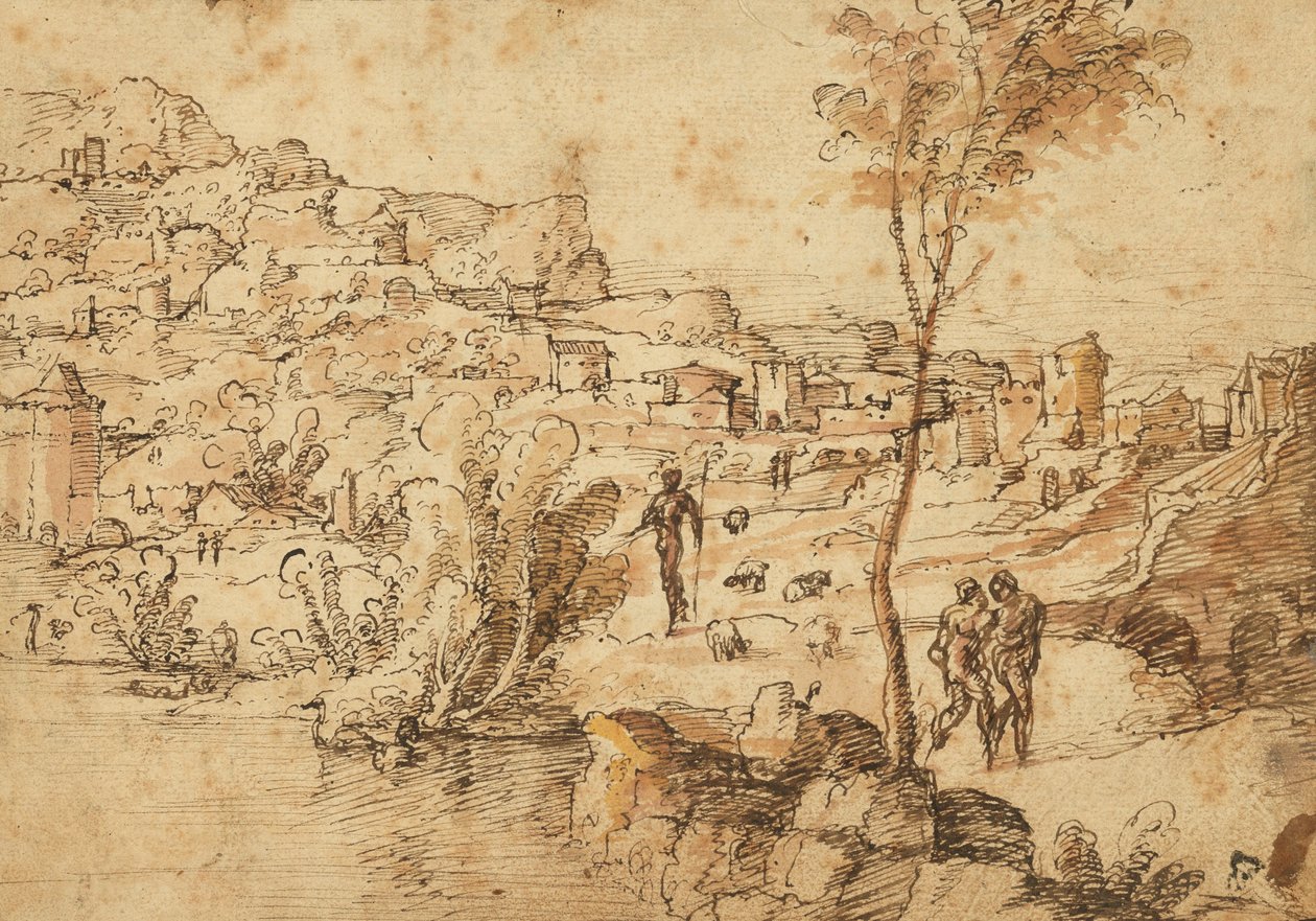 Paesaggio con pastori lungo un fiume e una città (recto); studi di figure e rovine romane (verso) da Jan van Scorel