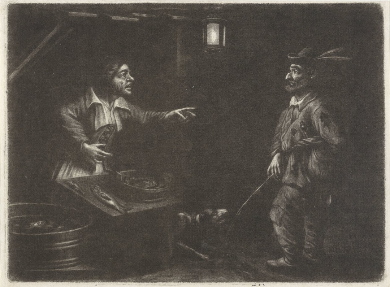 Scena notturna con venditrice di pesce e un uomo che urina da Jan van Somer