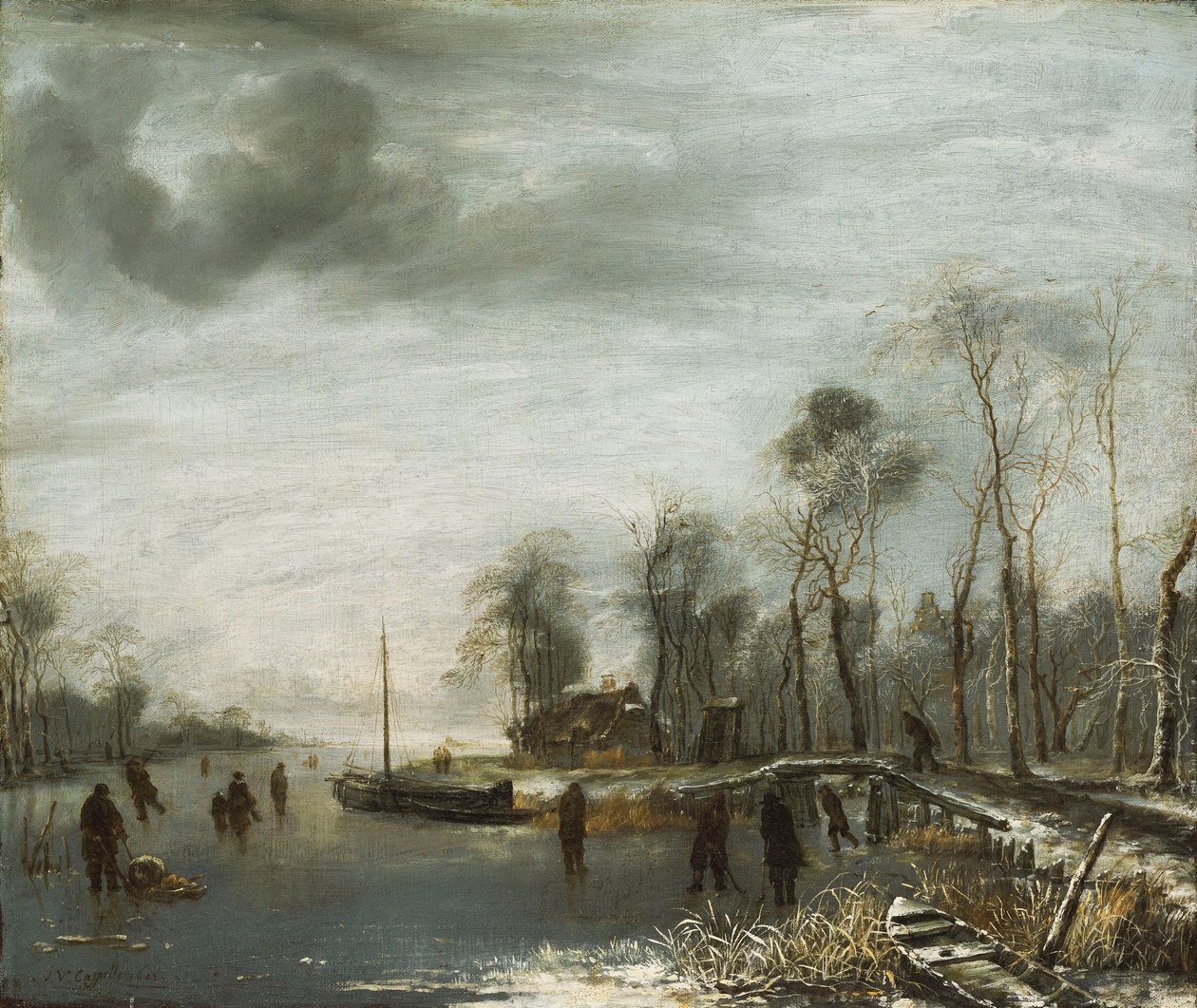 Paesaggio invernale con pattinatori e giocatori di colf su un corso d