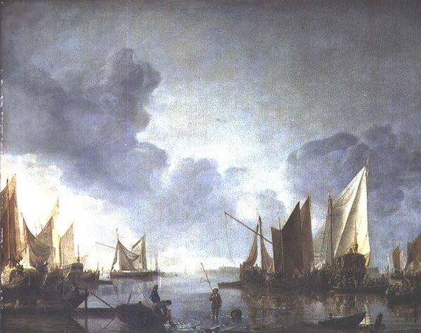 Una calma, con un dignitario accolto in una barca di stato e pescatori in primo piano da Jan van de Capelle or Cappelle