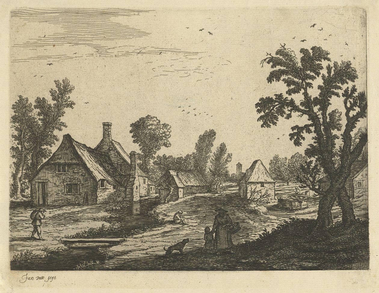 Veduta di un villaggio con donna e bambino nella strada del villaggio da Jan van de Cappelle (attributed to)
