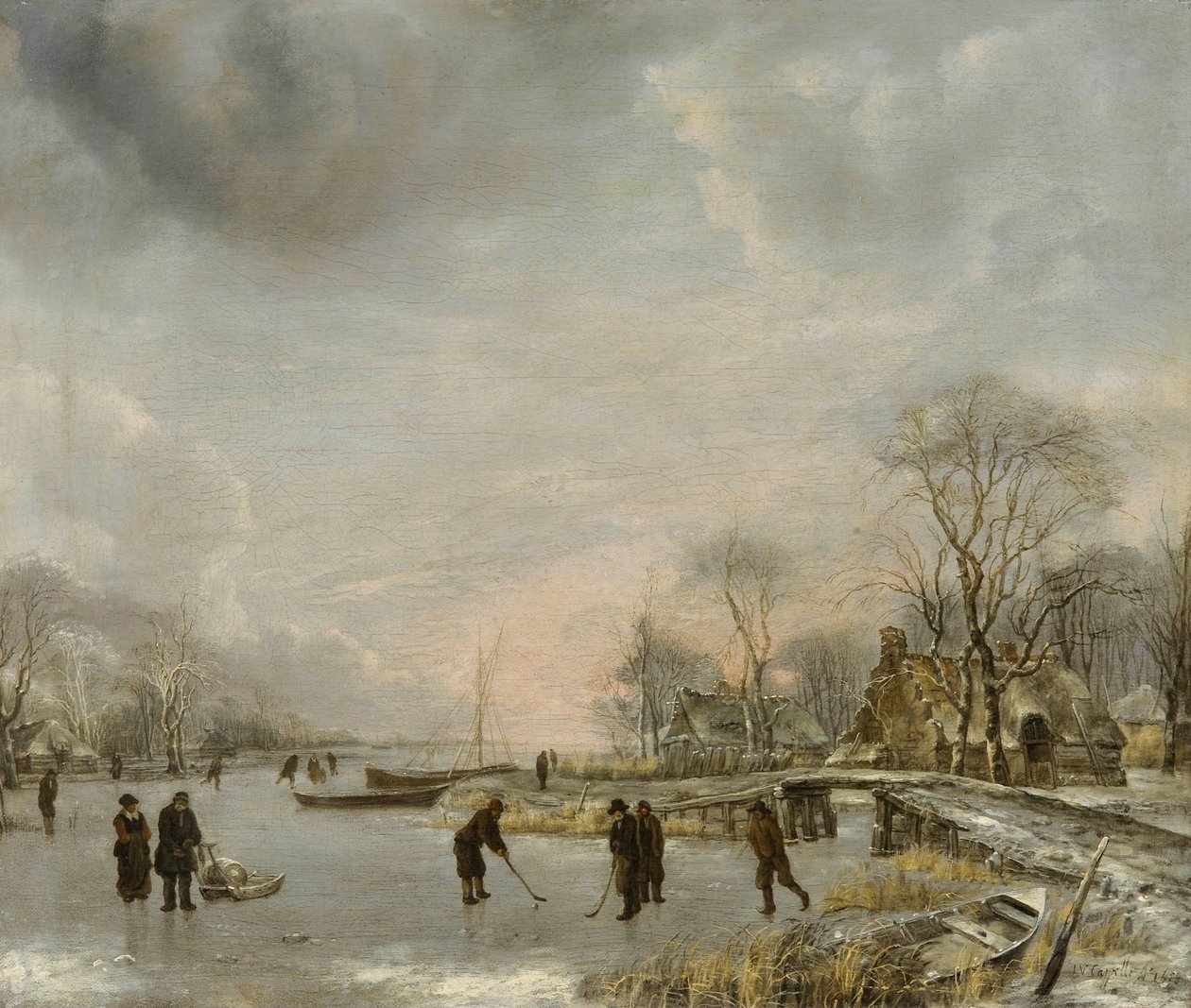 Olandese: Paesaggio invernale con ciabattini Vista su un canale in inverno da Jan van de Cappelle