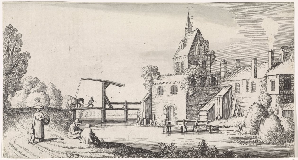 Figure presso un ponte levatoio per un villaggio con campanile da Jan van de Velde (II)
