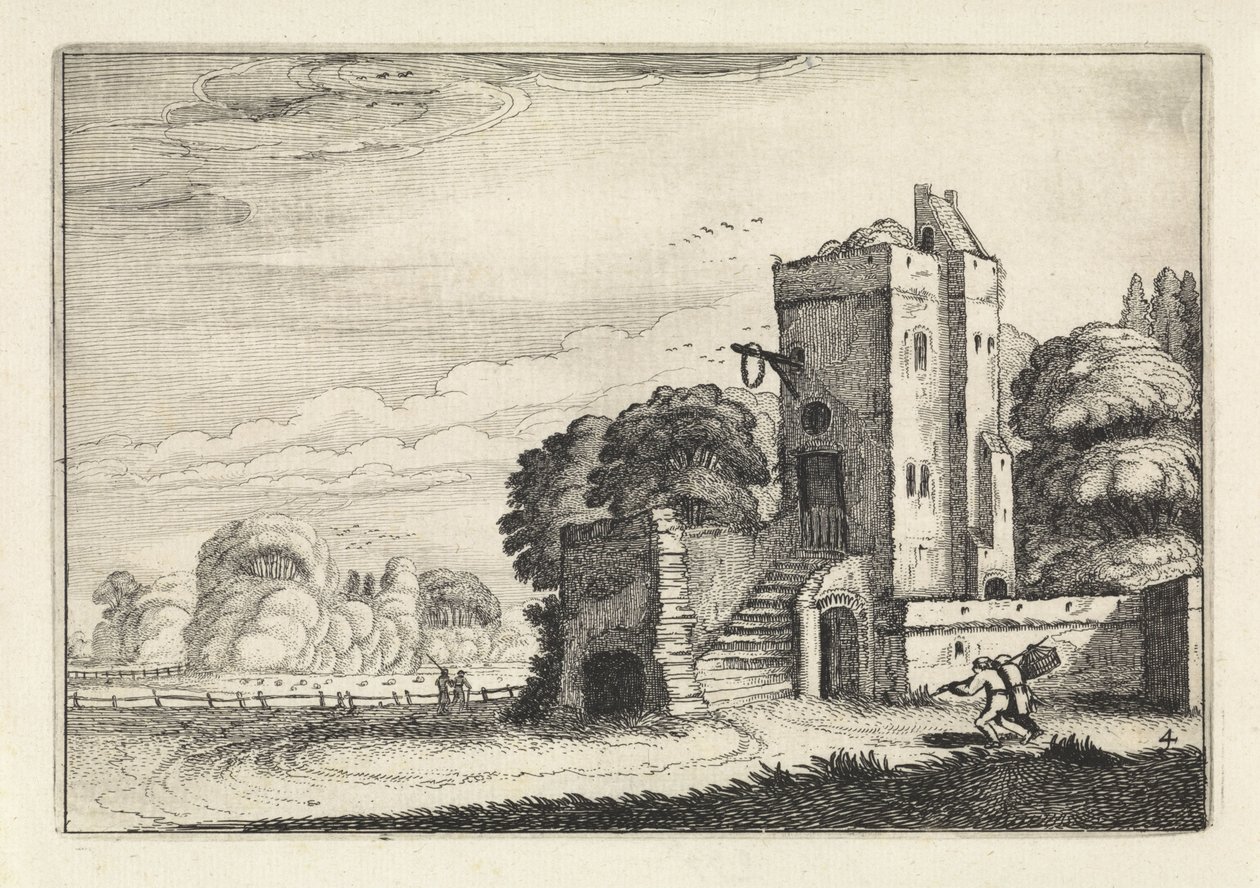 Figure con una gabbia per uccelli vicino a una torre in un paesaggio da Jan van de Velde (II)