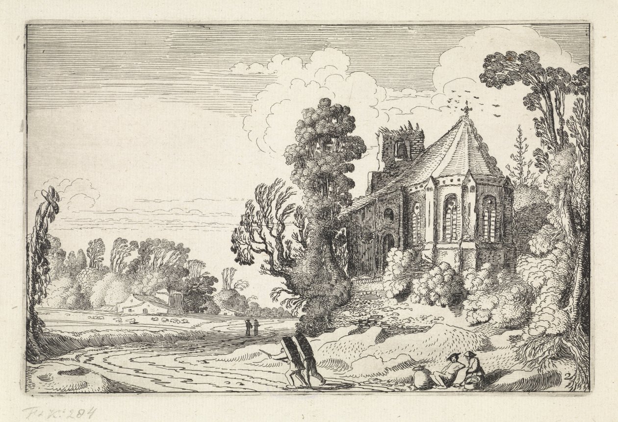 Figure su una strada di campagna presso una rovina di chiesa da Jan van de Velde (II)