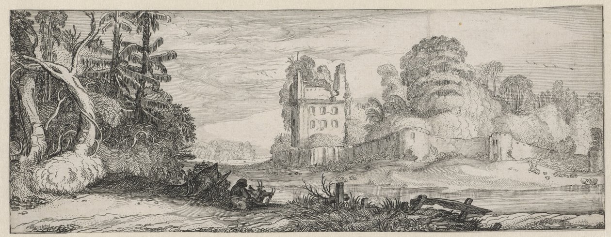 Vista su una rovina di una casa vicino a un muro da Jan van de Velde (II)