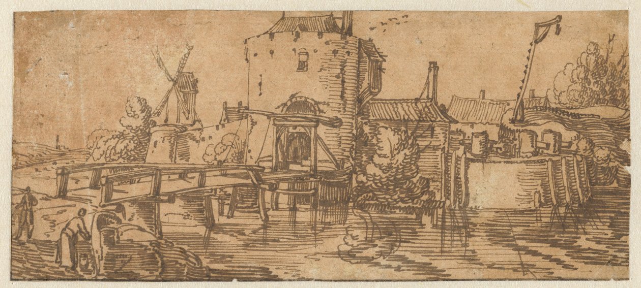 Veduta di una città (Culemborg?) con un ponte davanti a una porta da Jan van de Velde (II)