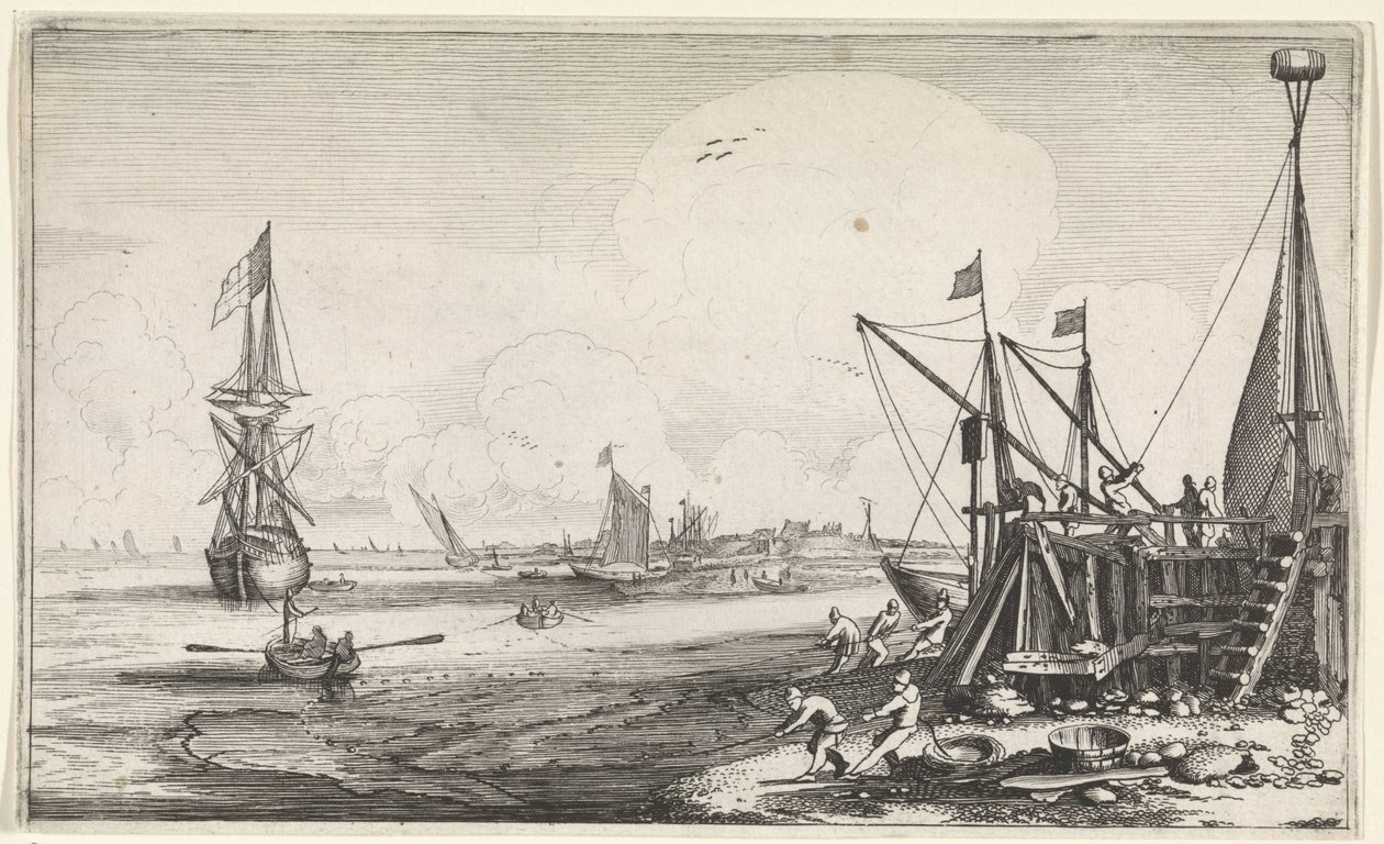 Testa di porto con pescatori che tirano le reti da Jan van de Velde (II)