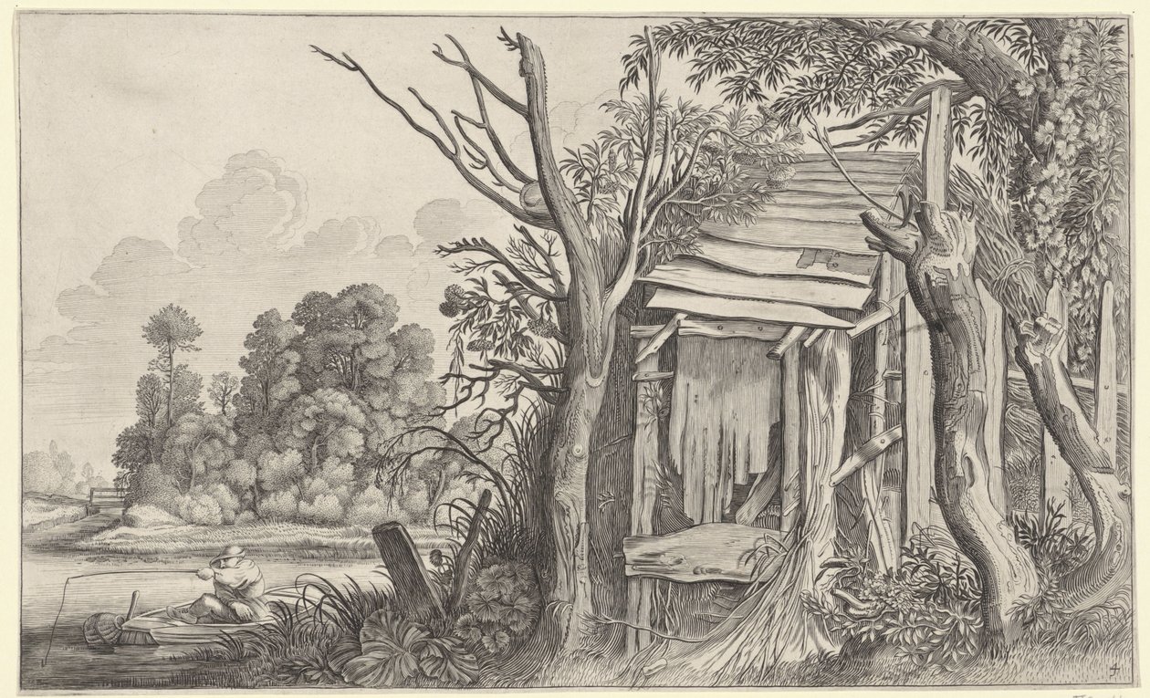 Pescatore presso una capanna diroccata in un paesaggio da Jan van de Velde (II)